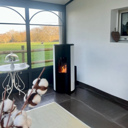  Installation d’un poêle à granulés au design arrondi Rika à Magny-le-Freule
